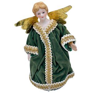 Angel Tree Topper Ornament Green Velvet Dress Gold Wings Holiday Vintage